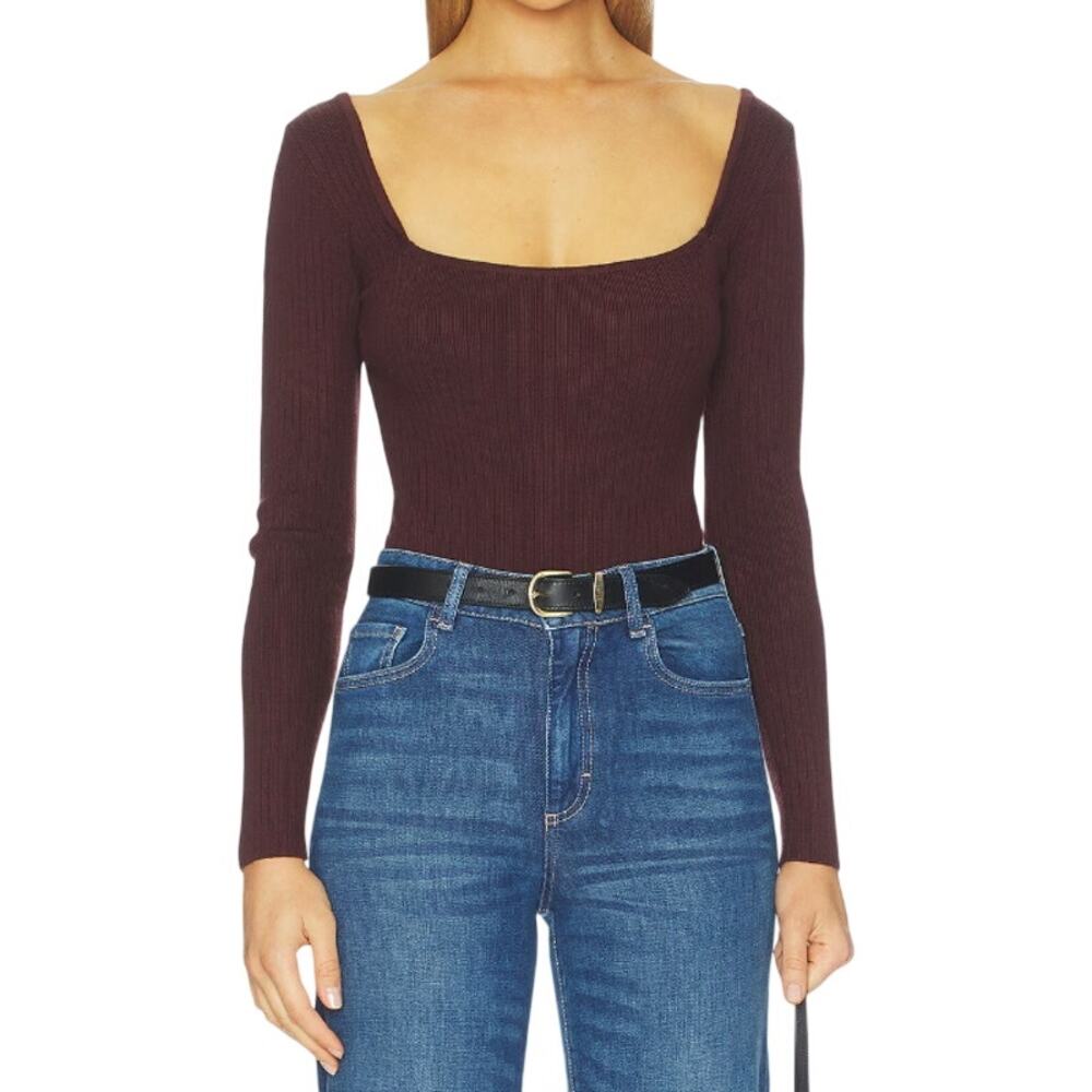 ALL THE WAYS Amalia Square Neck Bodysuit in Brown, Size XS